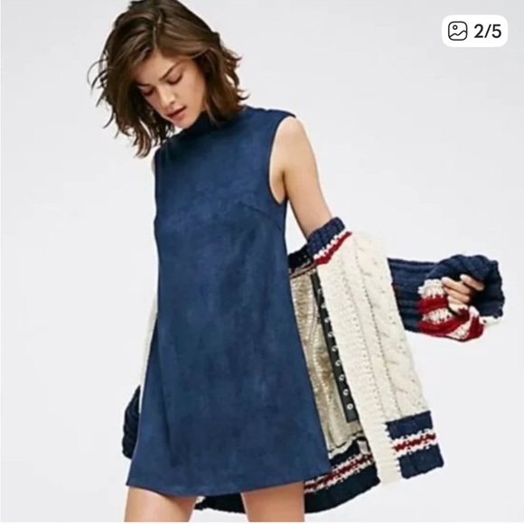 Free People x Lenni Northern Faux Suede Mock Neck Dress in Navy size large - Picture 1 of 8